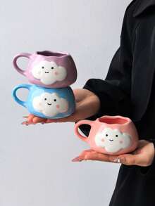 1pc Cute Cloud & Smiling Face Mug, Korean Ins Style Hand-Painted Adorable Ceramic Cup, Cloud Expression & Fashionable Lady Drinking Cup, Fun Cartoon Cute Coffee Mug, Tea Cup, Suitable For Home, Party, Birthday Gift, Souvenir - Multicolor - View 13