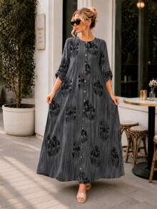 Plus Size Printed Maxi Dress For Women Long Sleeve Button Down Bohemian Casual Dress With Pockets - Grey - View 3