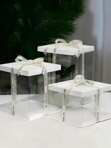 1 Set Transparent White Dust-Proof Box, 1/2/3 Layer Detachable Display Storage Box, 4-10 Inch Cake Packaging Box, Multi-Functional Gift Box, Suitable For Valentine's Day, Christmas, Wedding And Party, Can Hold Flowers And Handmade Crafts (Rope Random) - White - View 1