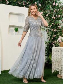 JINLICX Luxury Grey V‑Neck Rhinestone Beaded Peplum Pleated Floor‑Length Banquet Evening Dress - Silver - View 5
