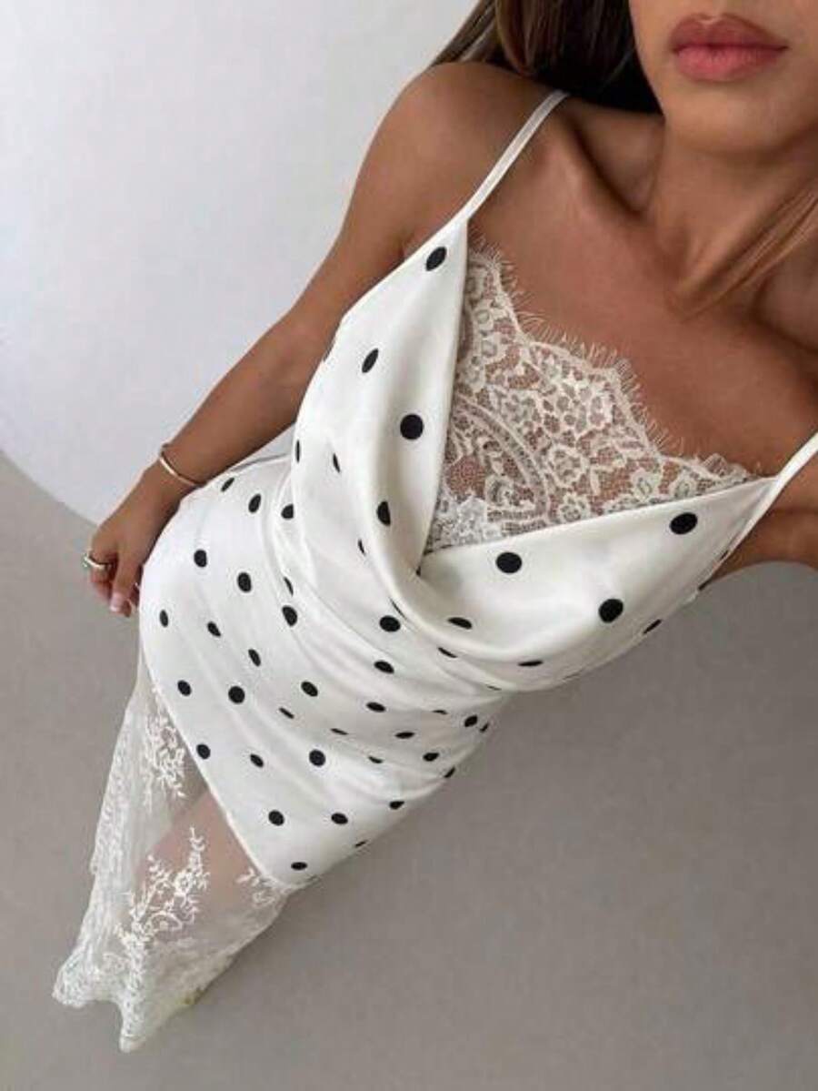 Vestido elegante de tirantes finos con escote pronunciado, bajo de encaje transparente y parches de encaje, para mujer - Blanco y Negro - Ver 1