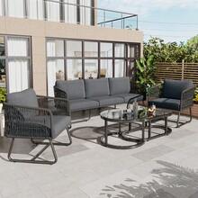 Conjunto de muebles de jardín con estructura de hierro galvanizado, muebles de jardín de cuerda gris, patas ajustables, tablero de mesa de cristal liso, conjunto de 5 piezas, incluyendo todos los cojines de asiento y respaldo. - Gris - Ver 2