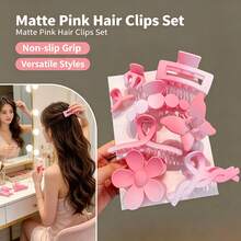 This Set Of 8 Hair Clips Features Floral, Butterfly, And Geometric Patterns, In Pink And Solid Color Gradients. Suitable For Both Girls And Women, These Are Essential Items For Everyday Hairstyles, Suitable For All Seasons - One Size - View 5