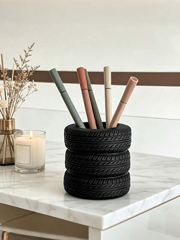Creative Realistic Tire Shaped Pen Holder, Office Decor Accessory Stationery Gift, Car Enthusiast Desktop Item, Personalized Fun Desktop Storage Bucket, Stationery Office Makeup Brush Organizer