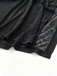 Women's Transparent Batwing Sleeve Round Neck Top, Regular Asymmetric Hem, Knit Fabric With Moderate Stretch Black Summer - Black - View 6
