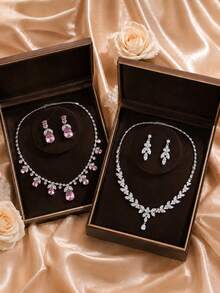 1 Set Handmade Sparkling Leaf Bridal Pendant Necklace And Earrings, For Wedding, Formal Event, Gift, Photo Shoot, Date, Graceful Bridal Jewelry Set. - Silver - View 10