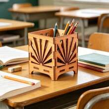Square Divided Solid Wood Pen Holder, Geometric Hollow Window Design, Office Desk Stationery Storage Decor - Multicolor - View 5