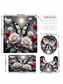 1/3/4pcs Aesthetic Butterfly Rose Decor Shower Curtain Bathroom Set, Luxury Elegant Waterproof Durable Bathroom Decor & Accessories, Includes 12 Hooks - Toilet Lid Cover, Bath Mat And Rug, Polyester Fabric - Washable - Suitable For Holiday Decor, Home/Bedroom/Residence/Western/Summer Decor - Gold Gray - View 14