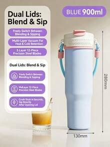 1 pièce Mixeur électrique + Gobelet isotherme, corps en acier inoxydable 304 de 900 ml, design portable à double couvercle, lame en acier inoxydable à 12 lames pour broyer la glace, recharge sans fil Type-C, poignée portable pour le fitness en plein air, le camping, le jus à emporter, tasse de café isotherme, tasse isotherme pour voiture, cadeau de fête, essentiel de cuisine, essentiel de fête - 0,5 L à 1 L - Voir 13