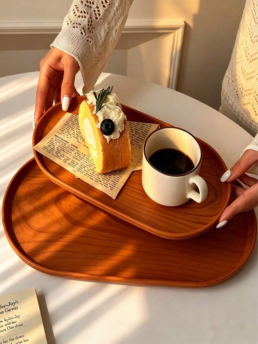 صينية بتصميم حبيبات خشبية مزيفة، لون حبيبات خشب الجوز البني، قابلة لإعادة الاستخدام، حامل للفطور والفواكه والشاي والحلويات وأكواب القهوة، مثالية للعطلات والطعام في الهواء الطلق والوجبات الخفيفة واستخدام المطبخ، صينية تقديم للعطلات، صينية عصرية، صينية بلاستيكية متينة، صينية زخرفية - بني - مشاهدة 1