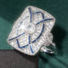 Vintage Art Deco Geometric Sapphire Ring, Full Diamond Halo, Light Luxury Niche Elegant Engagement Gift For Women, Exquisite Silver Ring - Silver - View 1