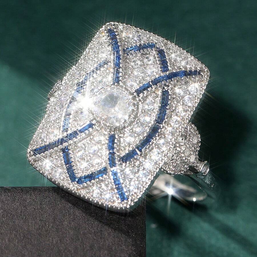Vintage Art Deco Geometric Sapphire Ring, Full Diamond Halo, Light Luxury Niche Elegant Engagement Gift For Women, Exquisite Silver Ring - Silver - View 1