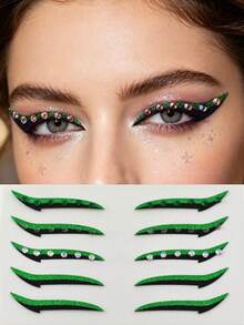 1pc Dark Green Black Rhinestone Eyeliner Face Decoration Sticker, Diamond Eyeliner Sticker, Reusable Eyeliner Sticker, Easy To Use, Suitable For Women's Makeup And Eye Decoration - 彩色 - 查看 10