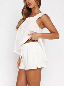 Women Summer Pajama Set Solid Flying Sleeve Tank Tops And Ruffle Shorts 2 Piece Casual Lounge Outfit - White - View 2