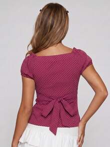 Women Summer Blouses Casual Stylish Dotted Pattern Ruffled Trim Slim Fit Shirts Square Neck Bubble Short Sleeve Tops - Morado - Ver 5