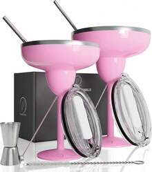 Set Of 2 Cream-Colored Margarita Glasses Made Of Insulated Stainless Steel With Lids, Shatterproof And Vacuum-Sealed. Ideal As A Mother's Day Gift. - 粉色 - 查看 1