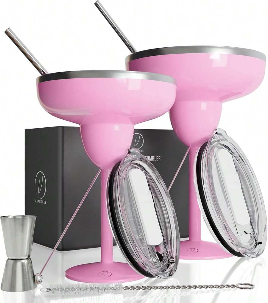 Set Of 2 Cream-Colored Margarita Glasses Made Of Insulated Stainless Steel With Lids, Shatterproof And Vacuum-Sealed. Ideal As A Mother's Day Gift. - 粉色 - 查看 1