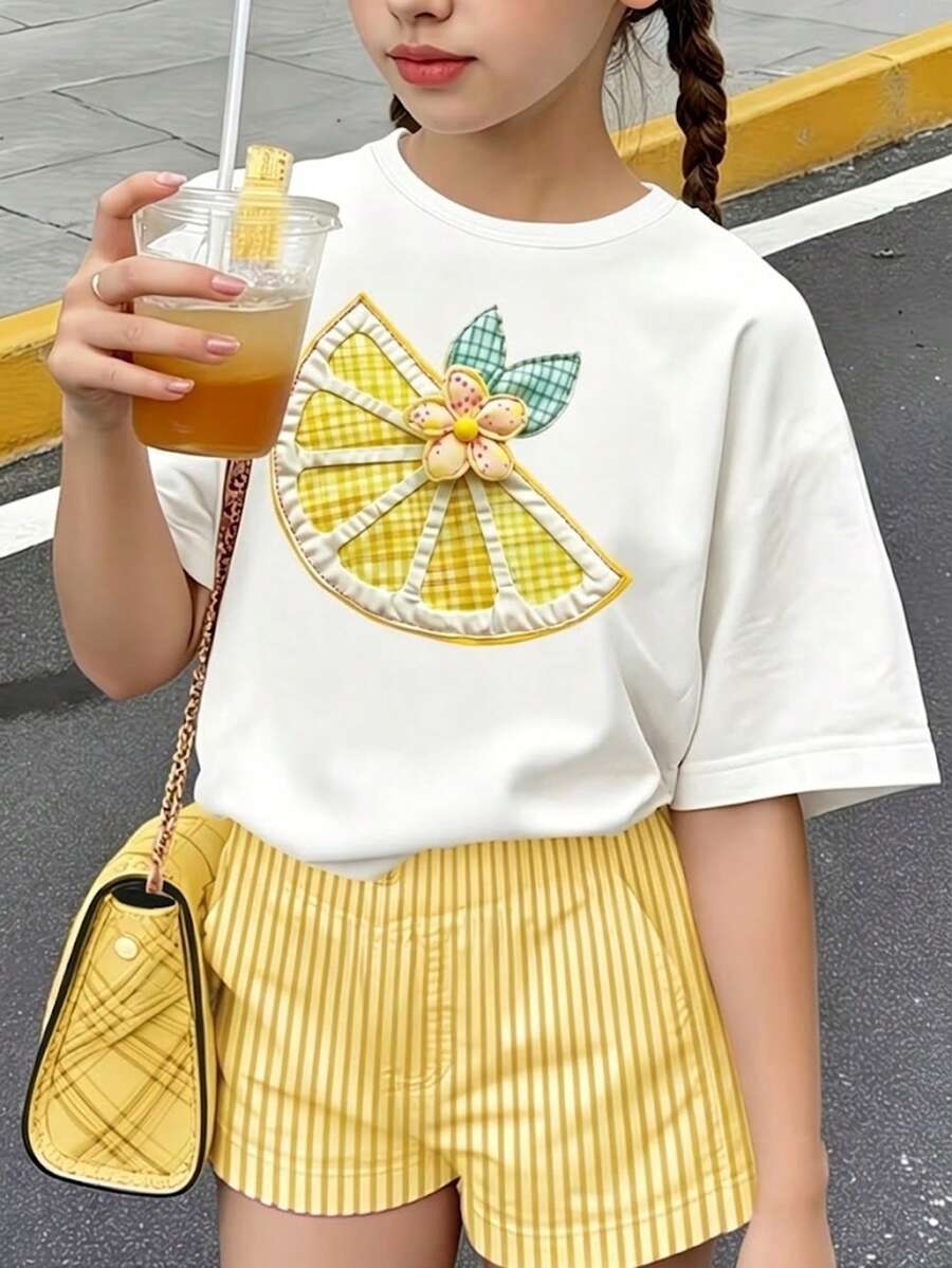 Young Girl Casual Fun Print Crew Neck Pullover Short Sleeve T-Shirt Summer Top - White - View 1