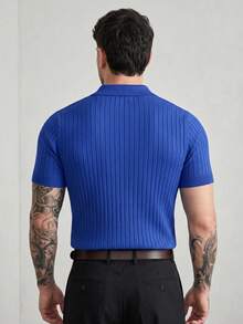 Men's Summer Knitted Classic Ribbed Collar Solid Color Short Sleeve Shirt, Suitable For Summer Outdoor Activities, Fashion Essential - Blue - View 4