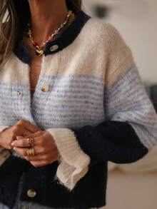 Women's Colorblock Striped Cardigan, New Autumn Loose Slouchy Knit Jacket, Round Neck Ruffle Cuff Sweater, French Slouchy Fall - Mixed Colors - View 6