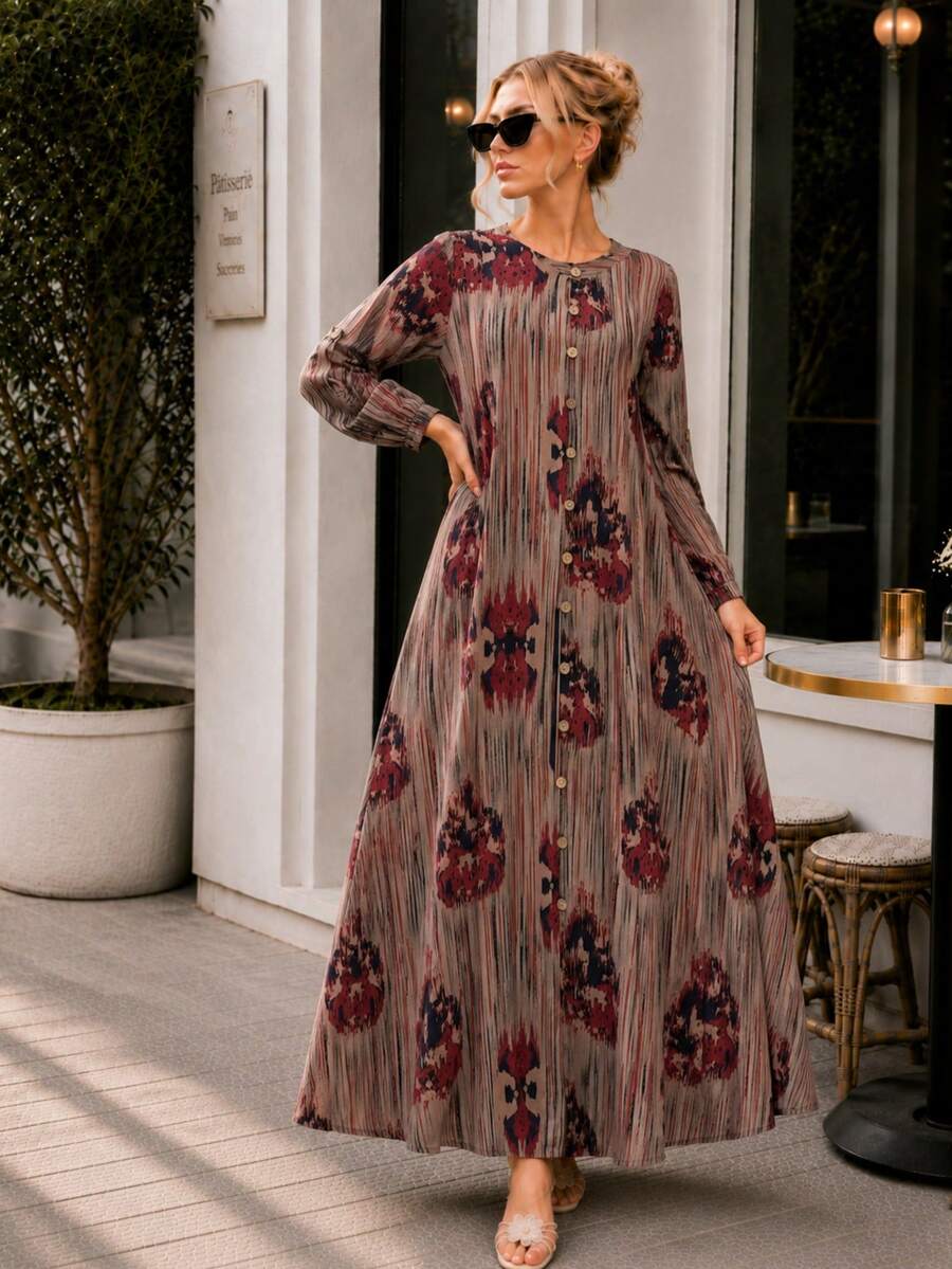 Plus Size Printed Maxi Dress for Women Long Sleeve Button Down Bohemian Casual Dress with Pockets - 紅木色 - 查看 1