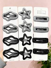 3/6pcs/Set Y2K Star & Cloud Glitter Hair Clips, Premium Minimalist Hair Accessories, Star, Cloud, Square 3 Shapes With Black & Silver Color Matching, Surface With Subtle Glittery Luster, Full Vintage Vibe - Suitable For Women And Girls, Perfect For Daily Wear, Vacation, Party, Graduation Season,Hair Claws - Multicolor - View 3