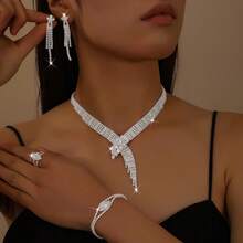 Juego de joyería para mujer con collar, pendientes, pulsera y anillo, patrón geométrico, elegante, set de 4 piezas, temporada de bodas - Plateado - Ver 5