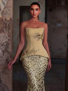 Faeriesty Trägerloses Pailletten-Meerjungfrau-Abendkleid mit Blumenstickerei, juwelenbesetzter Taille und schimmerndem Fischschwanz-Saum für Party und Hochzeit - Gold - Übersicht 5