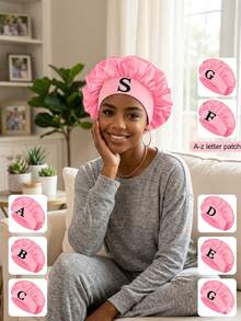 Satin Bonnet For Women, Silk Night Sleep Cap With Embroidered Letter Patches, Elastic Wide Band Hair Bonnet For Curly Hair Styling & Protection, Comfortable Loungewear Hair Wrap - Coral Pink - View 1
