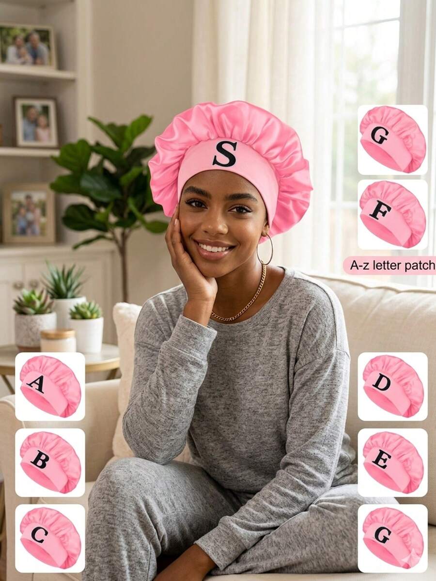 Satin Bonnet For Women, Silk Night Sleep Cap With Embroidered Letter Patches, Elastic Wide Band Hair Bonnet For Curly Hair Styling & Protection, Comfortable Loungewear Hair Wrap - Coral Pink - View 1