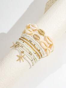 14PCS Bohemian Style Shell & Starfish Multi-Layer Anklet Set, Vacation Style Seed Bead Stacked Elastic Ankle Bracelets, Versatile Beach Foot Jewelry For Women - Gold - View 3
