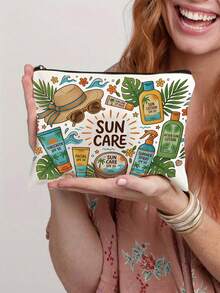 Set 2 Tas Tote Kanvas Motif Daun Palem Tropis Musim Panas, Tas Bahu Pantai Besar dengan Kantong Kosmetik Mini Berresleting, Tas Tangan Liburan yang Dapat Digunakan Kembali - Krem - View 3