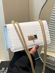 Mini Crocodile Embossed Shoulder Bag For Women Casual Gold Chain Square Crossbody Bag Classic Summer Red Purse For Travel Work Back To School Outfits - Multicolor - View 11
