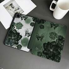1件深綠色花卉與蝴蝶印花平板保護殼，附筆槽，相容於 iPad 10.9/10.2/Air 5th Gen/Pro 11/10th Gen/9.7/Air 2/(7th Gen)/(8th Gen)/Air 4/5/Pro 11/10th Gen 10.9 吋 2022 智慧保護殼/Air 13(M3 2025)/Air 11(M3 2025)/Air 11(M3 2025)/11(A16 2025)，相容於 Matepad - 彩色 - 查看 4