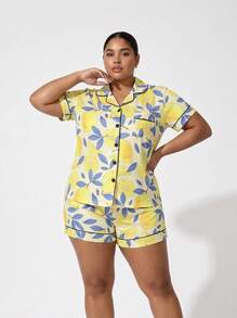 Snug League Marira Curve 2pcs/Set Cute Lemon Print Bow Decor Plus Size Ladies Pajama Set, Includes Short Sleeve Shirt With Collar & Button - Yellow - View 1