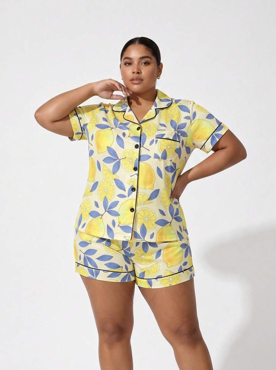 Snug League Marira Curve 2pcs/Set Cute Lemon Print Bow Decor Plus Size Ladies Pajama Set, Includes Short Sleeve Shirt With Collar & Button - Yellow - View 1