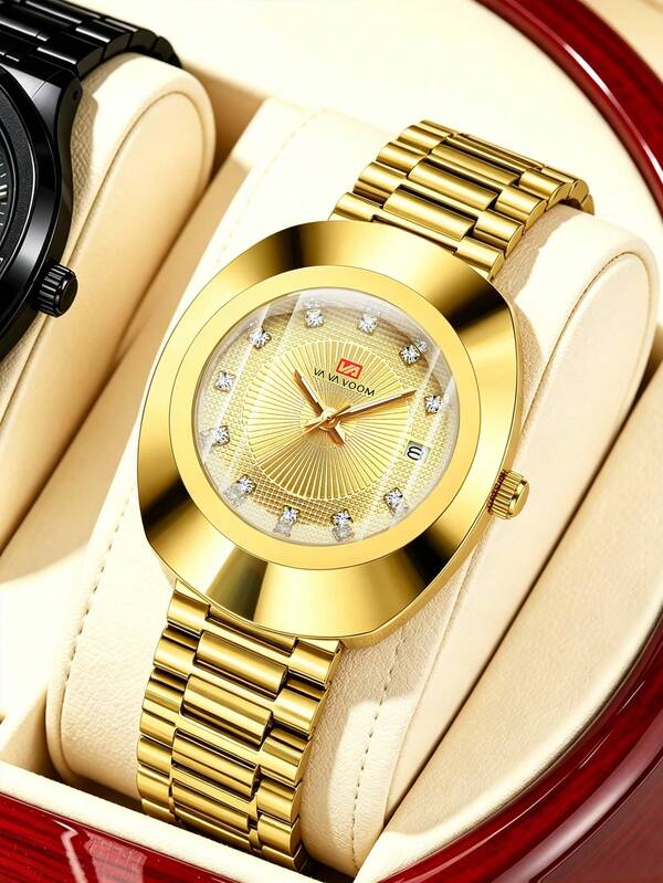 Quartz Men's Watch, Luxury Gold Stainless Steel Band, 40mm Oval Dial With Rhinestone Markers, VA VA VOOM Brand Original Calendar Movement Clock, Business Fashion Versatile Suitable For Work, Banquet, School And Other Occasions, Men's Holiday Gift Wristwatch
