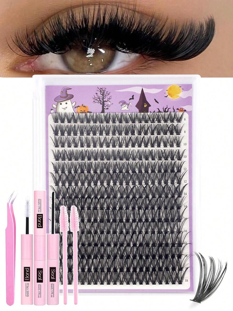 280pcs Individual Eyelash Clusters (High Volume D Curl, 8-18mm, 40D) DIY Eyelash Extension Kit (Natural Long & Wispy, Soft & Lightweight, Reusable Faux Lashes, Includes Adhesive, Sealer, Tweezers, Lash Brush), Suitable For Home Daily, Party, Wedding, Travel, Halloween And Other Occasions