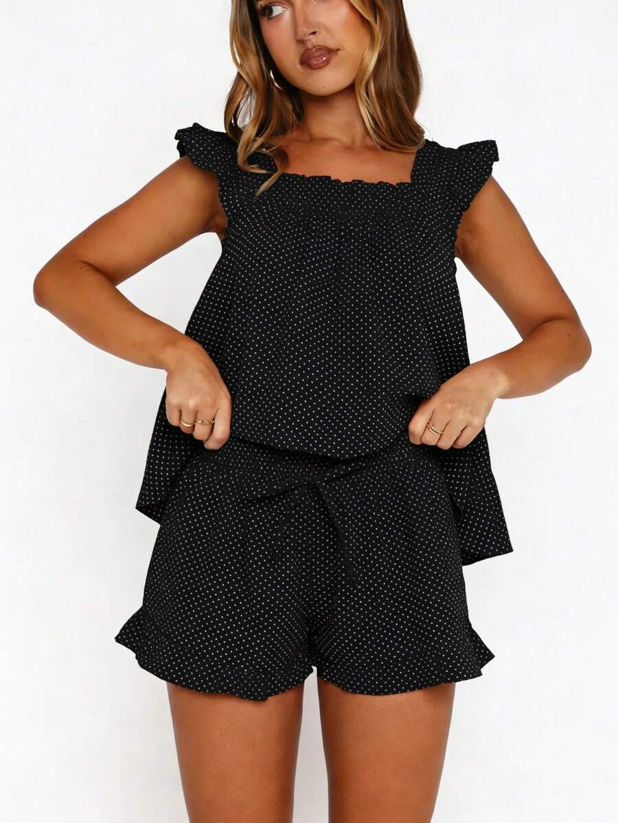Women Summer Pajama Set Solid Flying Sleeve Tank Tops And Ruffle Shorts 2 Piece Casual Lounge Outfit - Black and White - View 1