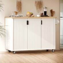 MERAX Isla de cocina acanalada de 51" con hoja abatible, isla de cocina de estilo campestre con ruedas y estante de almacenamiento interno, carrito de cocina con estante para toallas para cocina, comedor, ceniza blanca - Blanco - Ver 1
