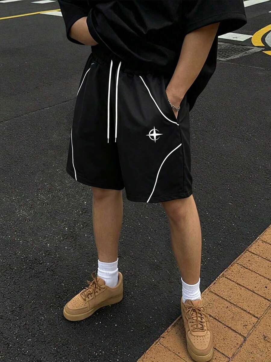 Herren Sommer Lässig Shorts, einfarbige Strand Shorts, bedruckte Shorts mit Kordelzug Taille - Schwarz - Übersicht 1