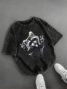 festival outfit mujerVintage Raccoon Face Graphic T-Shirt - Soft Washed Short Sleeve Top with Small Round Neck, Medium-Stretch Summer Casual Tee Suitable for Casual Attire & Layering Pieces - Schwarz - Übersicht 1