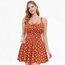 Women's Short Floral Dress With Wide Straps, Fitted Waist, Lightweight, Casual - 棕色磁磚 - 查看 1
