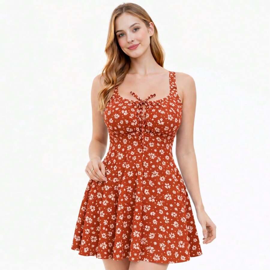 Women's Short Floral Dress With Wide Straps, Fitted Waist, Lightweight, Casual - 棕色磁磚 - 查看 1