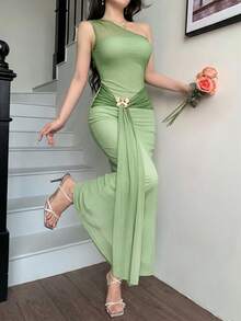 abyoxi 女款漸層橄欖綠網紗單肩不對稱領口金屬蝴蝶扣收腰修身魚尾禮服，性感優雅，適合婚禮、正式晚宴、派對、生日、度假、夏季 - 豆綠色 - 查看 3