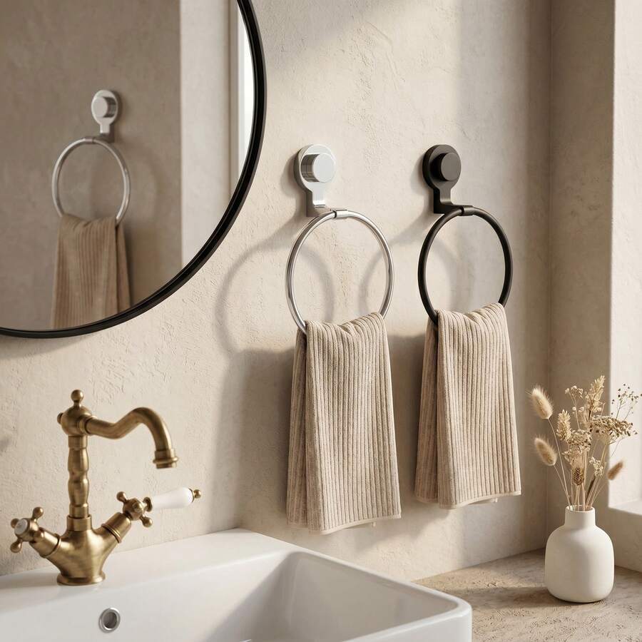 1pc Vacuum Suction Cup Towel Ring, Drill-Free Installation, Bathroom Towel Rack, Wall-Mounted Towel Rack, Handheld Towel Rack, Bathroom Accessories, 304 Stainless Steel Ring, Detachable And Reusable