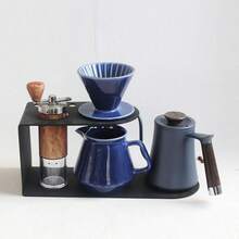 Ceramic Home & Office Large Capacity Pour Over Coffee Brewer Set, 1300℃ High Temperature Fired, Set Includes V2 Integrated Filter Cup And 600ML Server, Suitable For 1-4 People, High Temperature Blue Kiln-Change Glaze Pour Over Coffee Set - Navy Blue - View 2