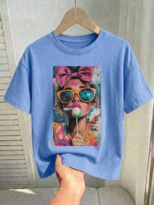 All-Day Wear Fitted Short Sleeve T-Shirt, Vintage Distressed Acid Wash Top Casual Summer - Dusty Blue - View 3