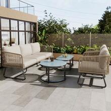 Garden Lounge Set With Galvanized Iron Frame, Grey Rope Garden Furniture, Adjustable Feet, Smooth Glass Tabletop, 5-Piece Set, Including All Seat And Back Cushions. - Beige - View 4