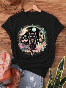 Camiseta, todas las estaciones, para mujer, estampado, casual, manga corta, cuello redondo, cómoda, lavable a máquina, suave, floral, ligero, gato - Negro - Ver 2